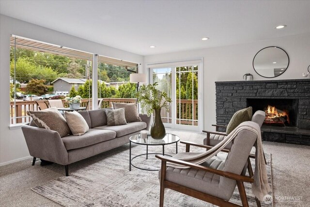 11404 SE 186th St, Renton, WA 98055 - living room featuring a stone fireplace, carpet floors, and recessed lighting