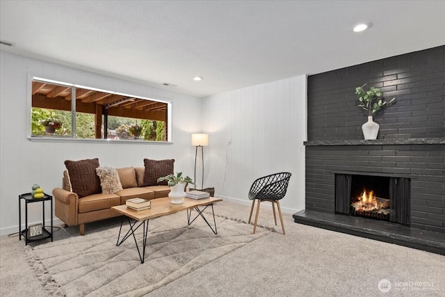 11404 SE 186th St, Renton, WA 98055 - living area with carpet flooring, a brick fireplace, and recessed lighting