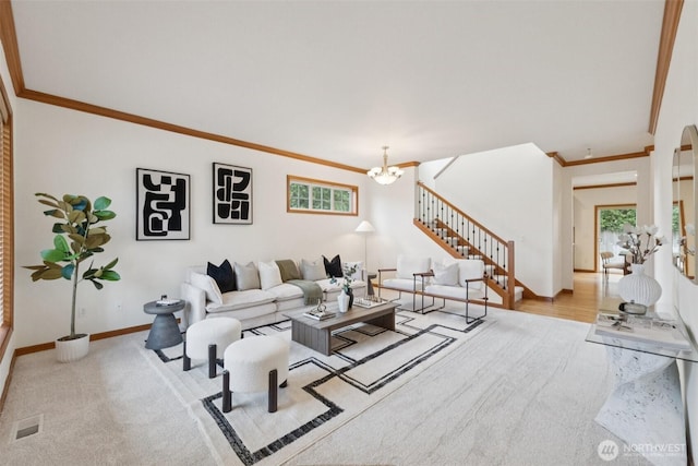 18231 2nd Pl W Unit A, Bothell, WA 98012 - living room featuring a chandelier, crown molding, and stairway