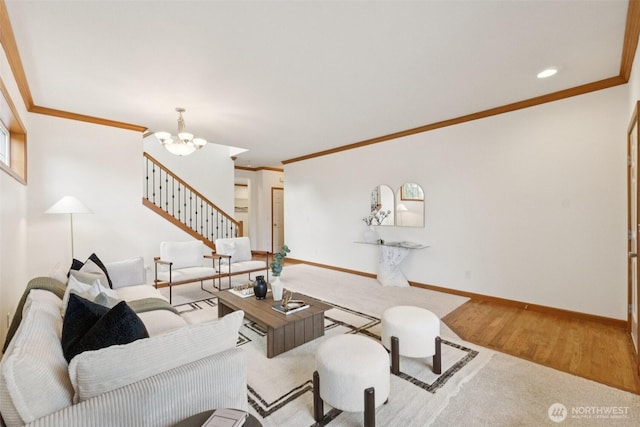 18231 2nd Pl W Unit A, Bothell, WA 98012 - carpeted living area featuring a chandelier, ornamental molding, stairway, and recessed lighting