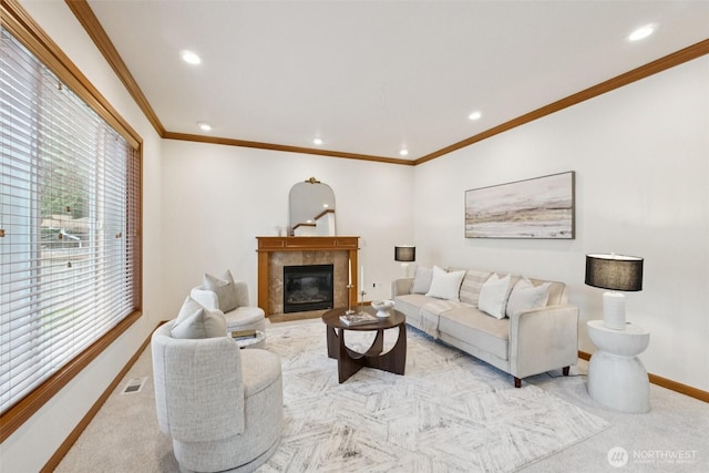 18231 2nd Pl W Unit A, Bothell, WA 98012 - living area with recessed lighting, a tile fireplace, and ornamental molding