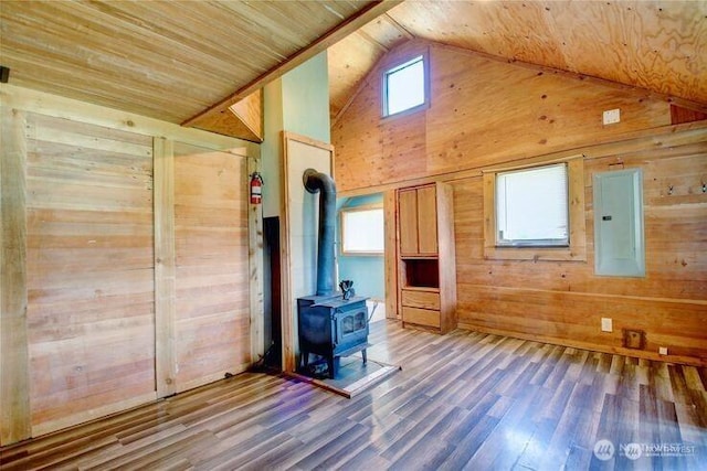 45401 Nellie Ln, Concrete, WA 98237 - spare room with electric panel, wood walls, a wood stove, wood ceiling, and wood finished floors