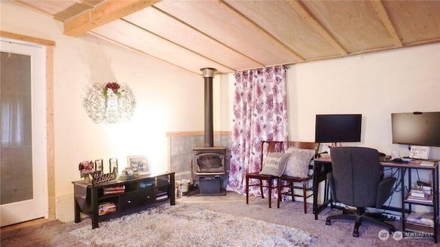 45401 Nellie Ln, Concrete, WA 98237 - carpeted home office with a wood stove and vaulted ceiling