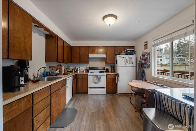 1723 E 13th Ave, Spokane, WA 99202 - kitchen featuring white appliances, under cabinet range hood, light countertops, wood finished floors, and brown cabinets