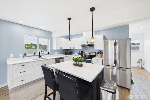 612 Dune Crest Loop, Westport, WA 98595 - kitchen with appliances with stainless steel finishes, a kitchen breakfast bar, light wood-type flooring, under cabinet range hood, and healthy amount of natural light