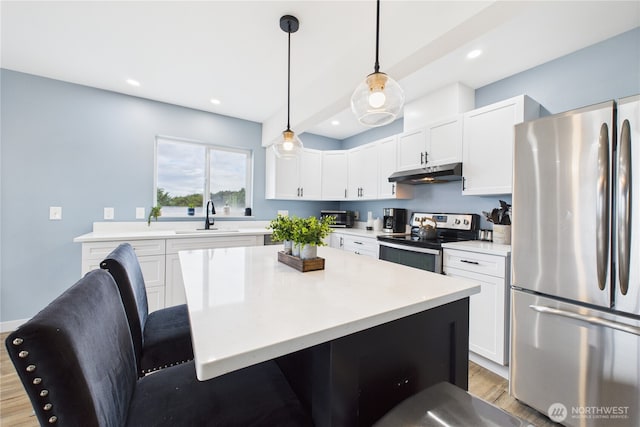 612 Dune Crest Loop, Westport, WA 98595 - kitchen with stainless steel appliances, under cabinet range hood, light wood-type flooring, white cabinets, and recessed lighting