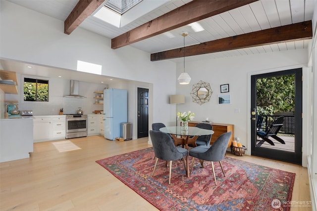 28605 Manzanita Beach Rd SW, Vashon, WA 98070 - dining space featuring a skylight, light wood finished floors, and beam ceiling