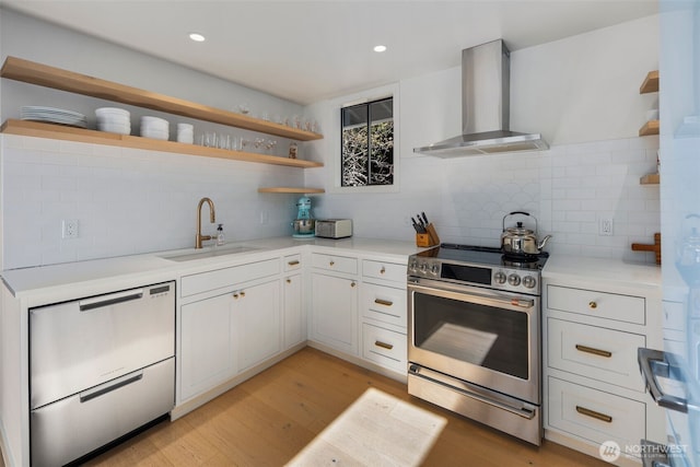 28605 Manzanita Beach Rd SW, Vashon, WA 98070 - kitchen featuring open shelves, wall chimney range hood, stainless steel electric stove, dishwashing machine, and backsplash