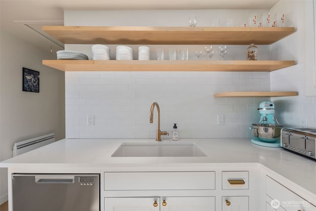 28605 Manzanita Beach Rd SW, Vashon, WA 98070 - kitchen featuring open shelves, stainless steel dishwasher, and tasteful backsplash