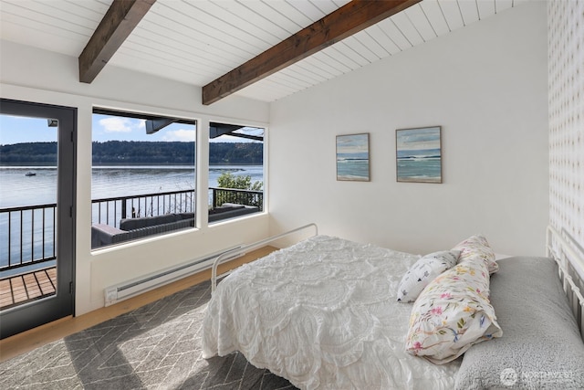 28605 Manzanita Beach Rd SW, Vashon, WA 98070 - bedroom with a water view, a wood ceiling with exposed beams, wood finished floors, access to outside, and baseboard heating
