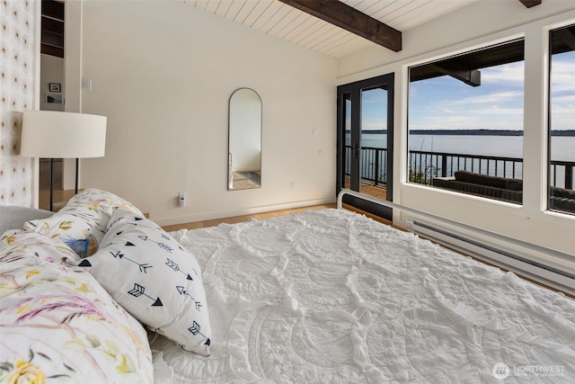 28605 Manzanita Beach Rd SW, Vashon, WA 98070 - bedroom featuring access to outside, a water view, and a wood ceiling with exposed beams