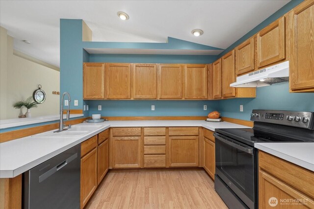 2420 Forest Ridge Dr SE, Auburn, WA 98002 - kitchen with electric range, under cabinet range hood, dishwasher, light countertops, and a peninsula