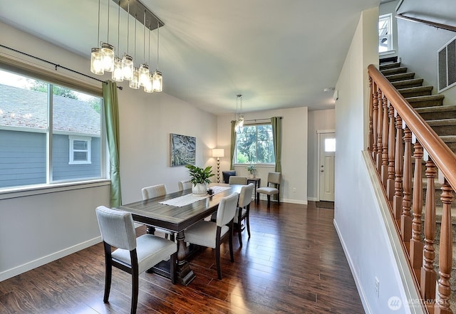 3606 Tree Farm Ct, Bellingham, WA 98226 - dining room featuring stairs, a chandelier, and dark wood finished floors