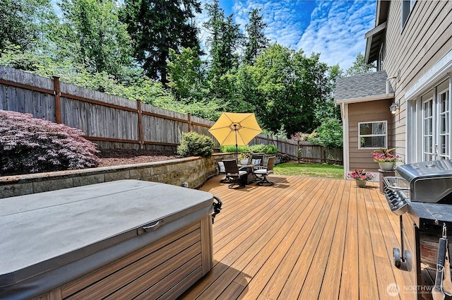 3606 Tree Farm Ct, Bellingham, WA 98226 - deck with a fenced backyard, outdoor dining space, and a hot tub