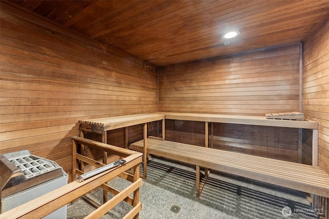 2929 1st Ave Unit 721, Seattle, WA 98121 - sauna / steam room with wooden ceiling, wood walls, and recessed lighting