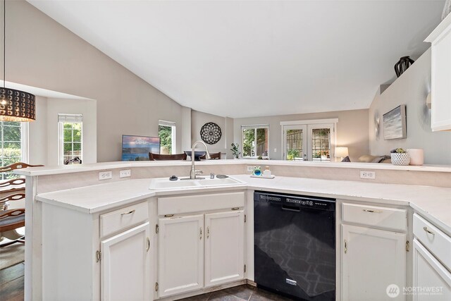25920 202nd Ave SE, Covington, WA 98042 - kitchen featuring dishwasher, vaulted ceiling, white cabinets, and light countertops