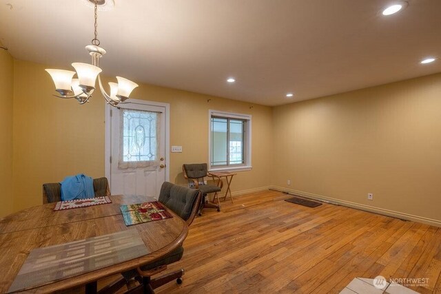 1427 E 3rd St, Port Angeles, WA 98362 - dining space featuring light wood-style floors, a chandelier, and recessed lighting