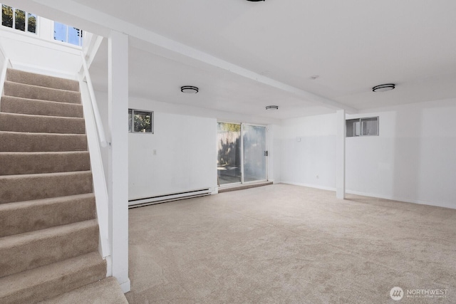4020 N 34th St, Tacoma, WA 98407 - below grade area with stairway, baseboard heating, and carpet
