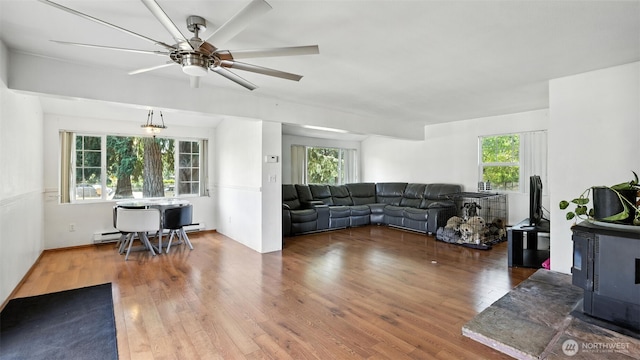 32626 46th Pl S, Auburn, WA 98001 - living area featuring a baseboard heating unit, plenty of natural light, wood finished floors, and a wood stove