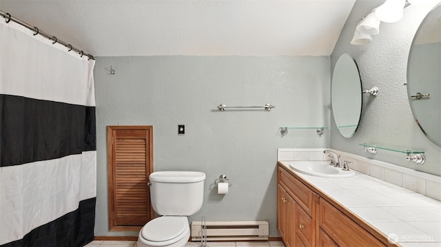 32626 46th Pl S, Auburn, WA 98001 - bathroom featuring a baseboard radiator, vanity, tile patterned floors, lofted ceiling, and curtained shower