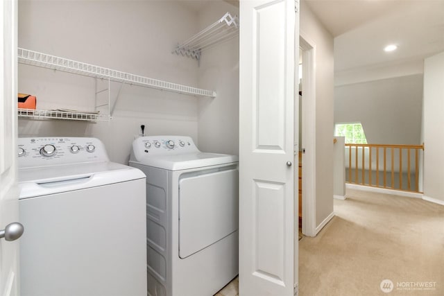6409 Francis Ave SE, Auburn, WA 98092 - laundry area featuring washer and dryer, light carpet, and recessed lighting