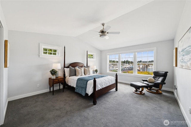 882 Shoshone Dr, La Conner, WA 98257 - bedroom featuring vaulted ceiling, a ceiling fan, and dark carpet