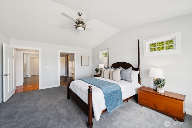 882 Shoshone Dr, La Conner, WA 98257 - bedroom with carpet flooring, lofted ceiling, a ceiling fan, and ensuite bath