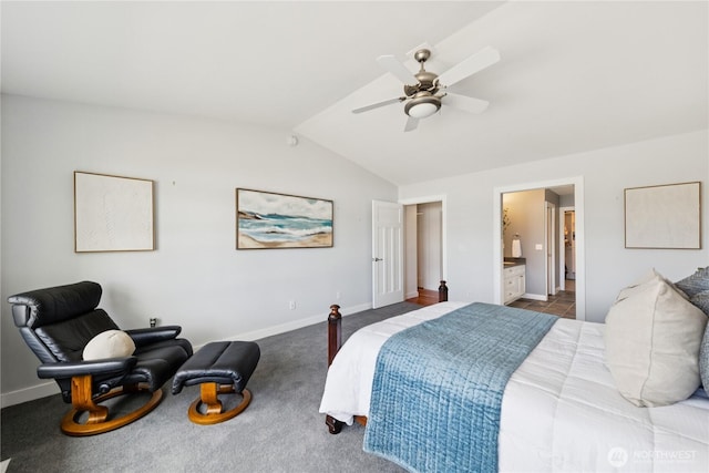882 Shoshone Dr, La Conner, WA 98257 - carpeted bedroom featuring vaulted ceiling, ceiling fan, and ensuite bath