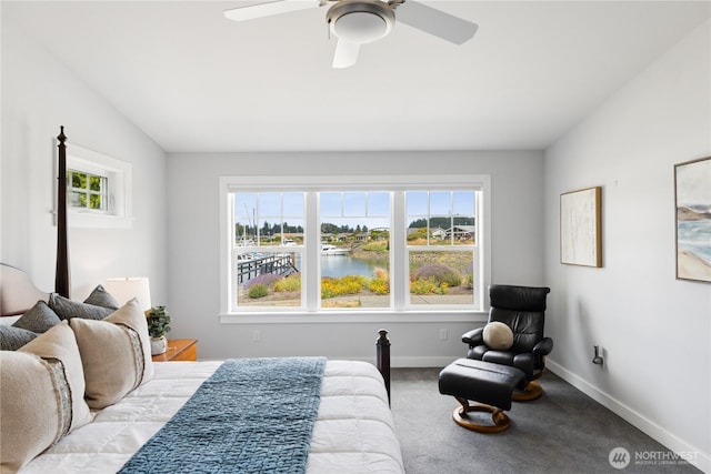 882 Shoshone Dr, La Conner, WA 98257 - carpeted bedroom featuring a ceiling fan and a water view
