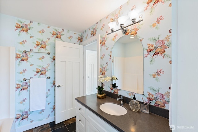 882 Shoshone Dr, La Conner, WA 98257 - bathroom featuring vanity and wallpapered walls