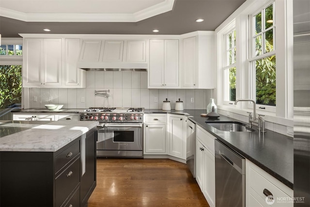 3202 Hunter Blvd S, Seattle, WA 98144 - kitchen with appliances with stainless steel finishes, white cabinetry, backsplash, recessed lighting, and ornamental molding
