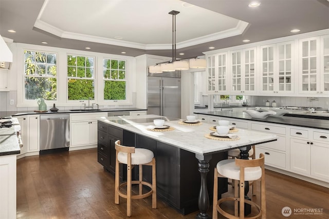 3202 Hunter Blvd S, Seattle, WA 98144 - kitchen with stainless steel appliances, a raised ceiling, a kitchen breakfast bar, white cabinetry, and a center island