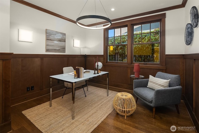 3202 Hunter Blvd S, Seattle, WA 98144 - office area with wainscoting, crown molding, wood finished floors, and recessed lighting
