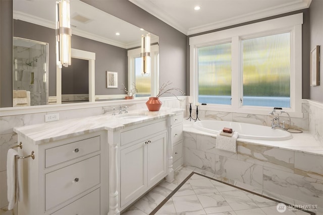 3202 Hunter Blvd S, Seattle, WA 98144 - bathroom with marble look tile flooring, vanity, a bath, recessed lighting, and ornamental molding
