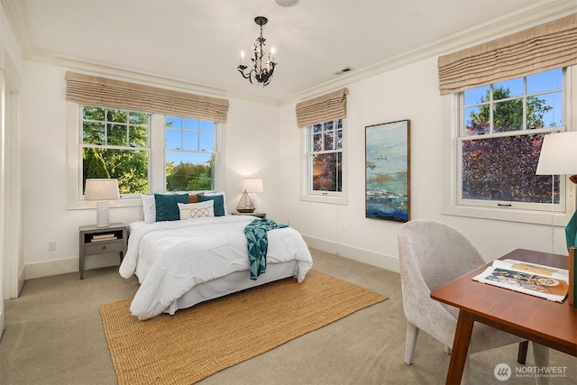 3202 Hunter Blvd S, Seattle, WA 98144 - bedroom featuring light carpet, multiple windows, a chandelier, and ornamental molding
