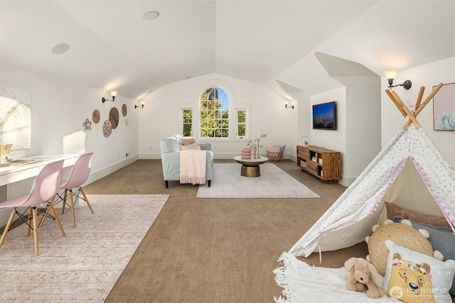 3202 Hunter Blvd S, Seattle, WA 98144 - carpeted living room featuring lofted ceiling and baseboards