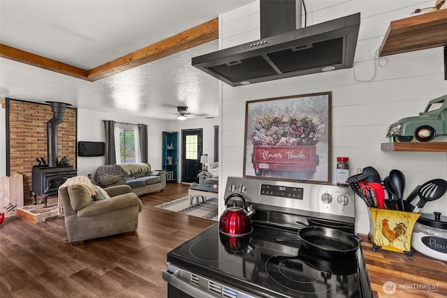 174 Skinner Rd, Chehalis, WA 98532 - kitchen featuring stainless steel electric range oven, exhaust hood, a wood stove, wood finished floors, and ceiling fan