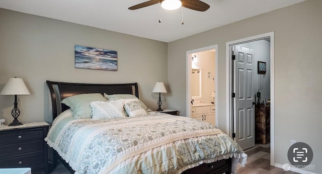16223 Birkland St SE, Yelm, WA 98597 - bedroom with wood finished floors, ensuite bathroom, and a ceiling fan