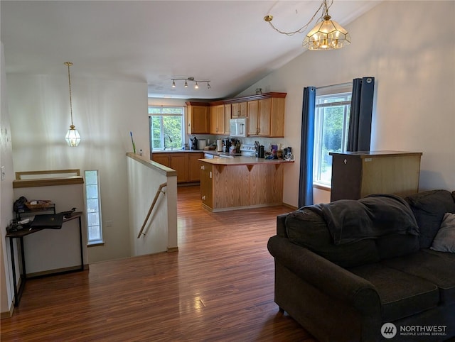 15730 91st Way SE, Yelm, WA 98597 - kitchen featuring open floor plan, white microwave, wood finished floors, a peninsula, and stove