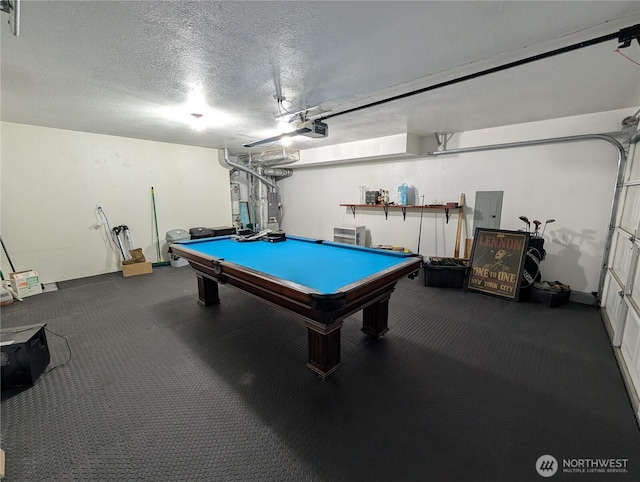 15730 91st Way SE, Yelm, WA 98597 - playroom with a garage, a textured ceiling, pool table, carpet flooring, and electric panel