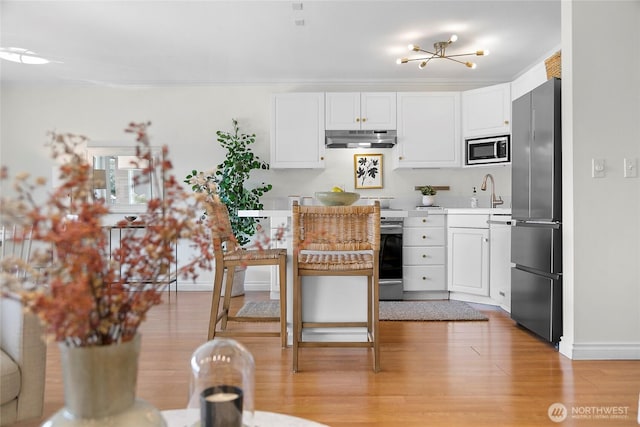 2501 Canterbury Ln E Unit 221, Seattle, WA 98112 - kitchen featuring under cabinet range hood, stainless steel appliances, light wood-style flooring, and white cabinets