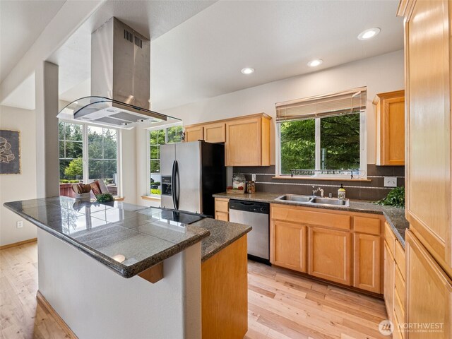 11403 SE 171st St, Renton, WA 98055 - kitchen featuring dishwasher, refrigerator with ice dispenser, island range hood, a kitchen island, and light wood-type flooring