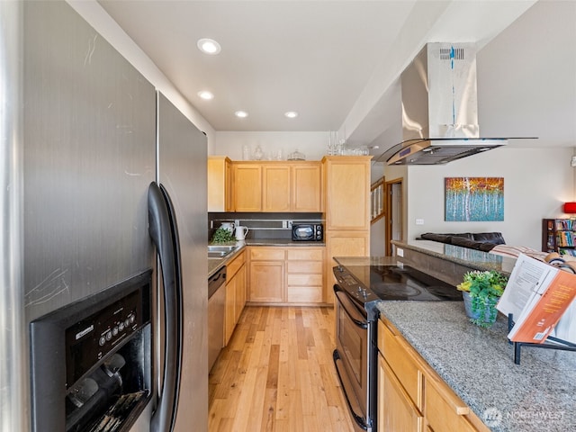 11403 SE 171st St, Renton, WA 98055 - kitchen featuring black appliances, island exhaust hood, light brown cabinets, light wood-type flooring, and recessed lighting