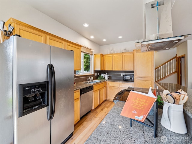 11403 SE 171st St, Renton, WA 98055 - kitchen featuring appliances with stainless steel finishes, light brown cabinets, extractor fan, light wood-type flooring, and recessed lighting