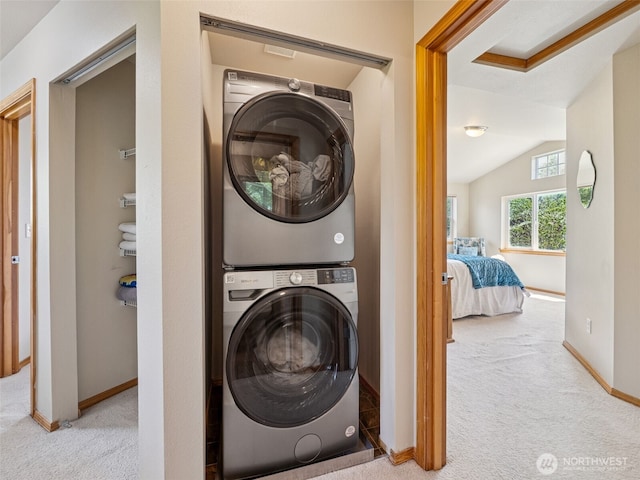11403 SE 171st St, Renton, WA 98055 - laundry area featuring estacked washer and dryer and carpet
