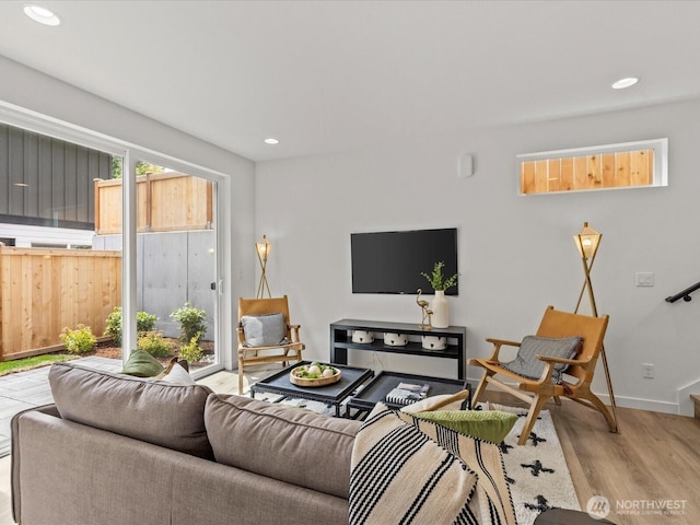 9015 Dibble Ave NW Unit B, Seattle, WA 98117 - living area featuring wood finished floors, recessed lighting, and stairway