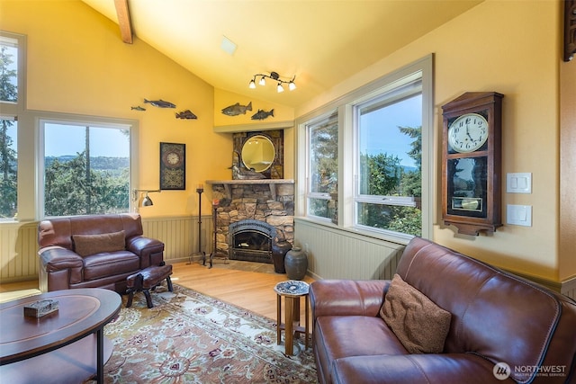 822 E Oak St, Sequim, WA 98382 - living room featuring light wood-style flooring, plenty of natural light, a wainscoted wall, and a stone fireplace