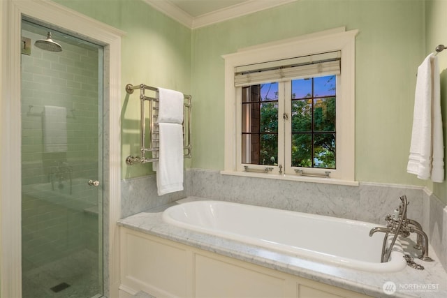 1617 Federal Ave E, Seattle, WA 98102 - full bathroom featuring a stall shower, a garden tub, and crown molding