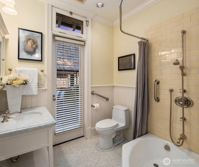 1617 Federal Ave E, Seattle, WA 98102 - full bathroom featuring crown molding, vanity, shower / bath combo, wainscoting, and tile patterned flooring