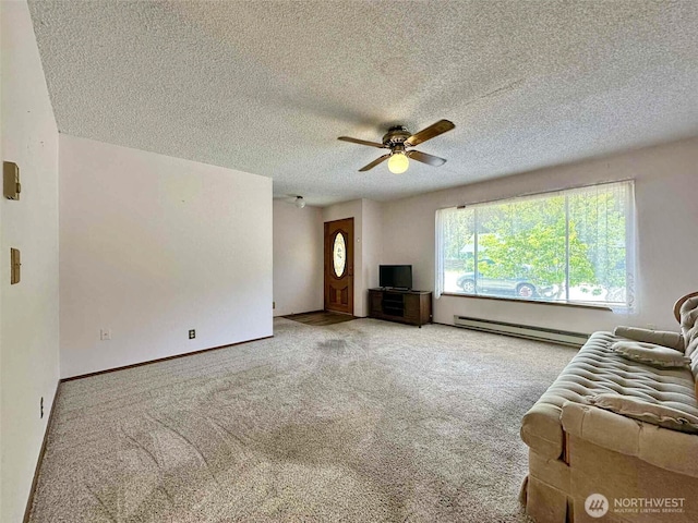 798 Division Ave, Morton, WA 98356 - living room with a baseboard radiator, a ceiling fan, light colored carpet, and a textured ceiling